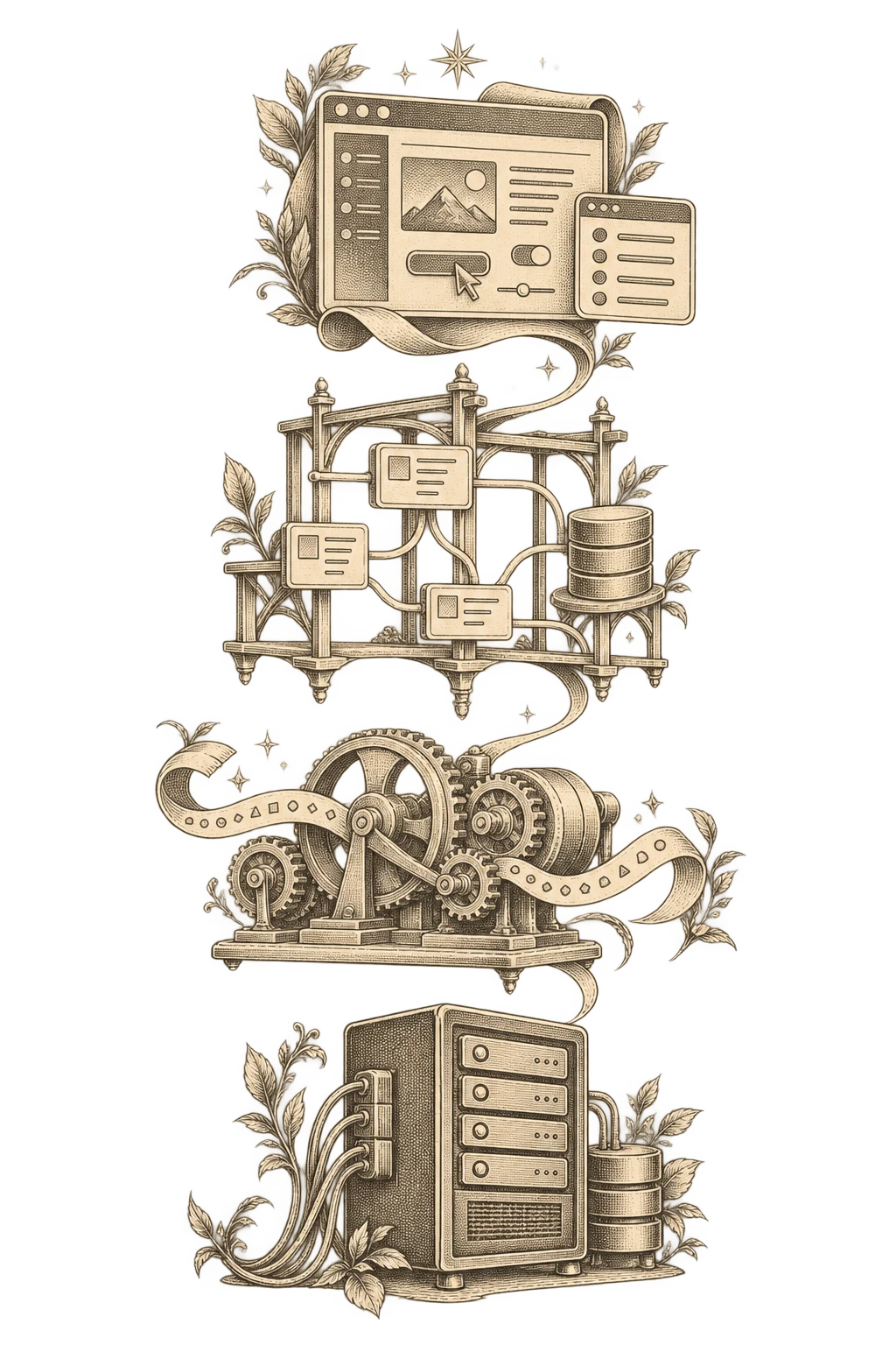 Four engraved layers: interface windows, connected framework modules, an execution mechanism and server equipment.