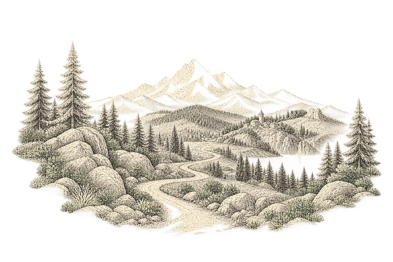 An engraved woodland path winding toward a village and distant mountains.